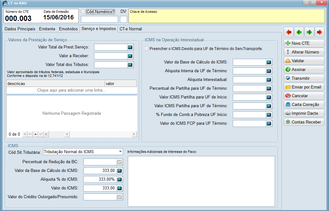 Tela 09 – CTE – Serviço e Impostos