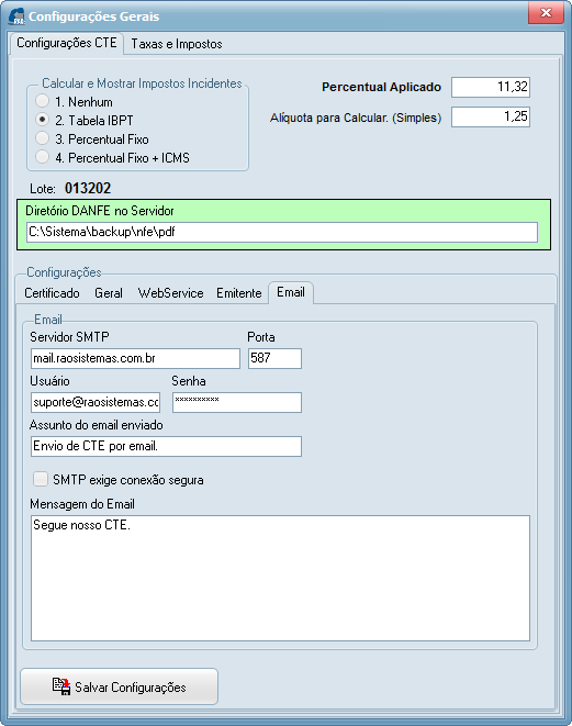 Tela 14 – Configurações – Envio Automático do CT-e aos Envolvidos