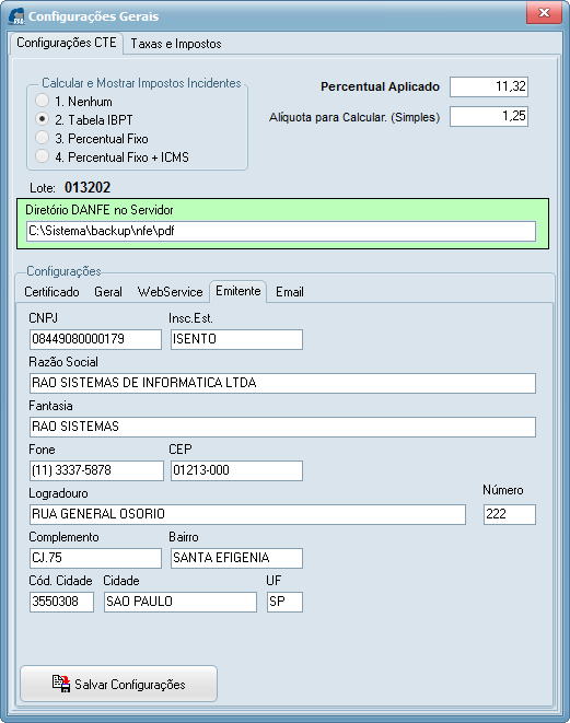 Tela 15 – Configurações – Dados do Emissor